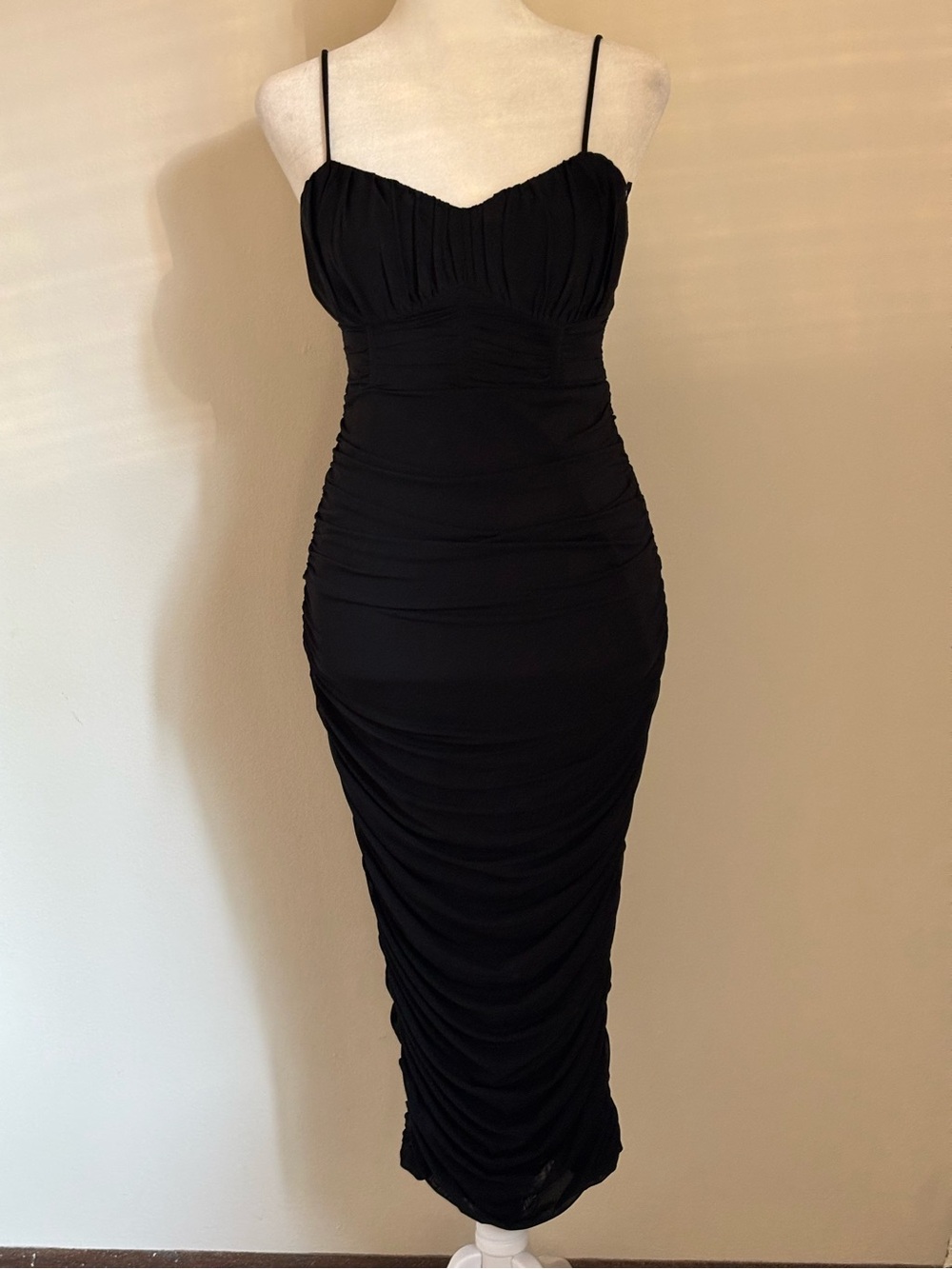 Hello Molly Black Ruched Spaghetti Strap Midi Dress